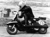 Geoff on his Wildcat 150cc Gp at Darley Moor.  He won every race he entered there on this scooter, and managed to take over 5 seconds off the class lap record.